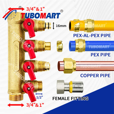 1/2 Inch Brass Pex Manifold 150 Psi tesisat projeleri için 200°F Maksimum sıcaklık